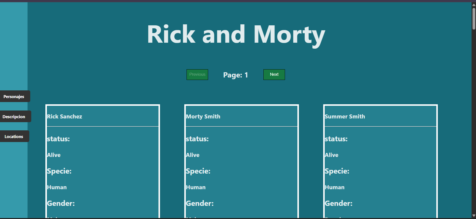 Página de Rick and Morty